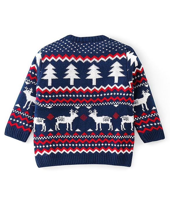 Babyhug Full Sleeves Baby Sweater Set with Reindeer Design - Navy Blue