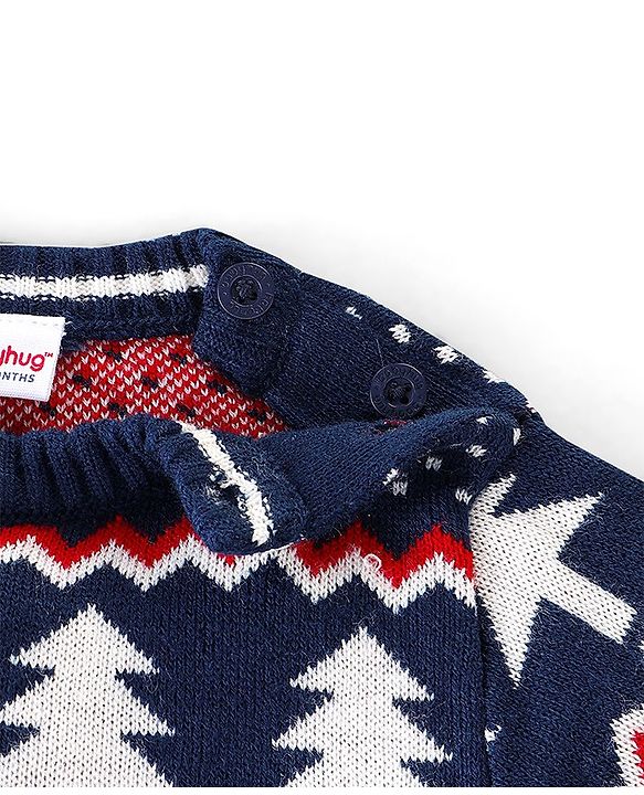 Babyhug Full Sleeves Baby Sweater Set with Reindeer Design - Navy Blue