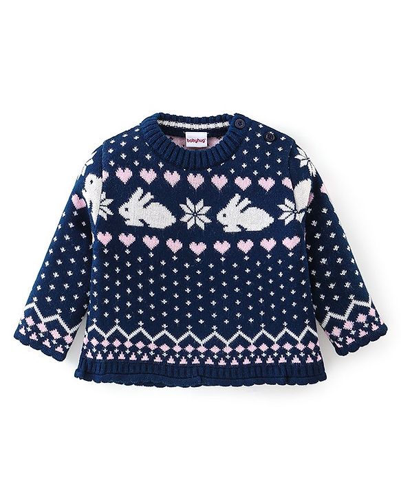 Babyhug Knitted Full Sleeves Sweater Set with Bunny Design - Navy Blue