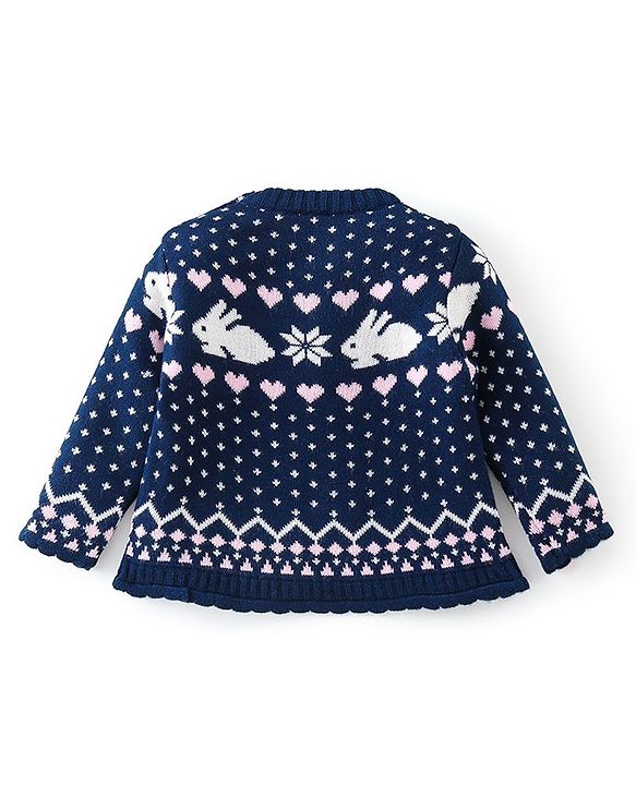 Babyhug Knitted Full Sleeves Sweater Set with Bunny Design - Navy Blue