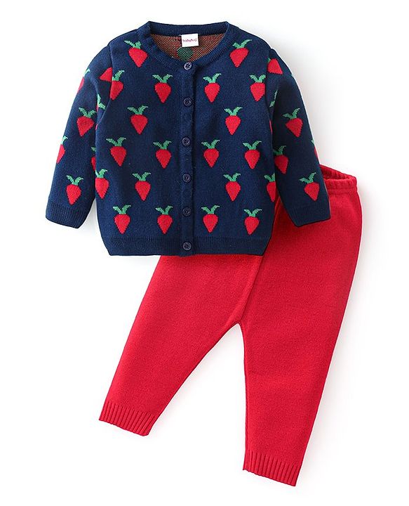 Babyhug Full Sleeves Baby Sweater Set with Strawberry Design - Navy Blue & Red