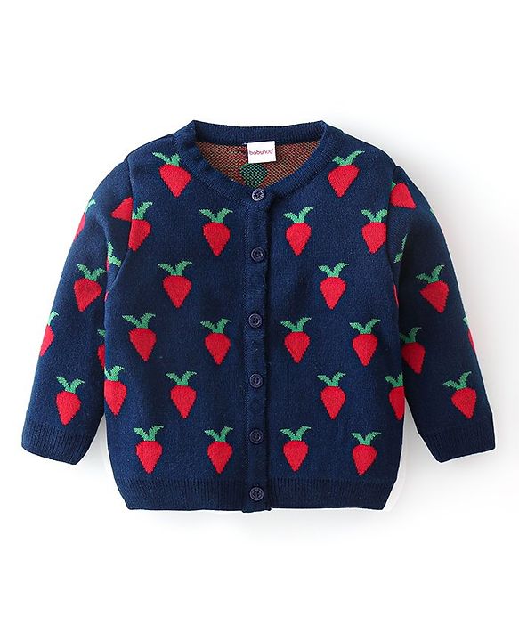 Babyhug Full Sleeves Baby Sweater Set with Strawberry Design - Navy Blue & Red