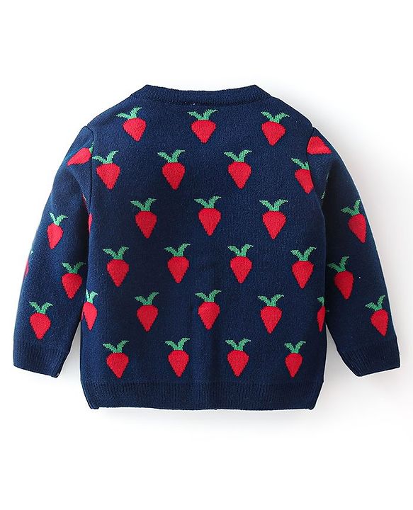 Babyhug Full Sleeves Baby Sweater Set with Strawberry Design - Navy Blue & Red