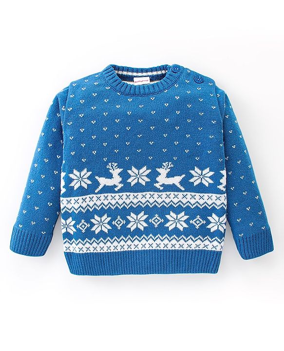 Babyhug Full Sleeves Sweater Set Reindeer Design - Blue