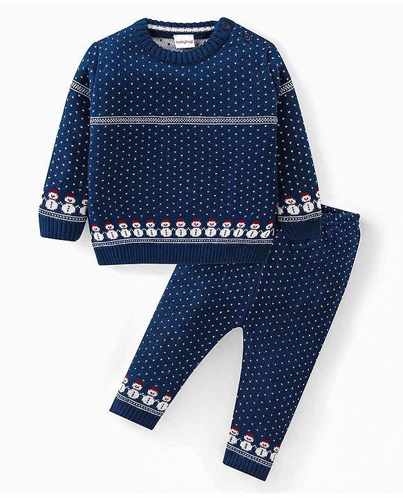 Babyhug Knitted Full Sleeves Sweater Set with Snowman Design - Navy Blue