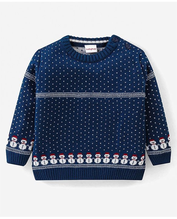 Babyhug Knitted Full Sleeves Sweater Set with Snowman Design - Navy Blue