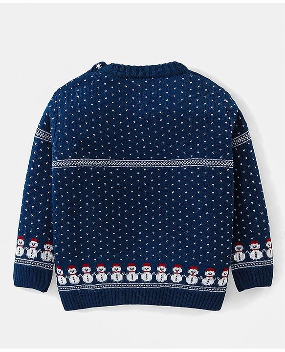 Babyhug Knitted Full Sleeves Sweater Set with Snowman Design - Navy Blue