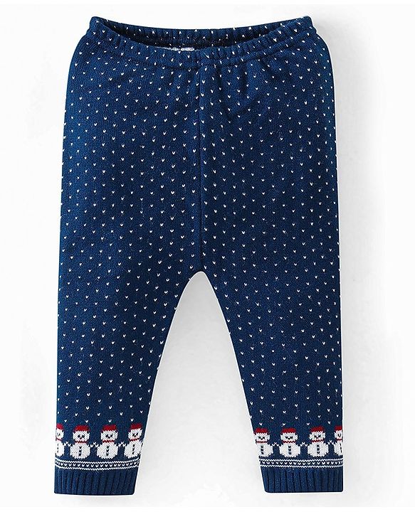 Babyhug Knitted Full Sleeves Sweater Set with Snowman Design - Navy Blue