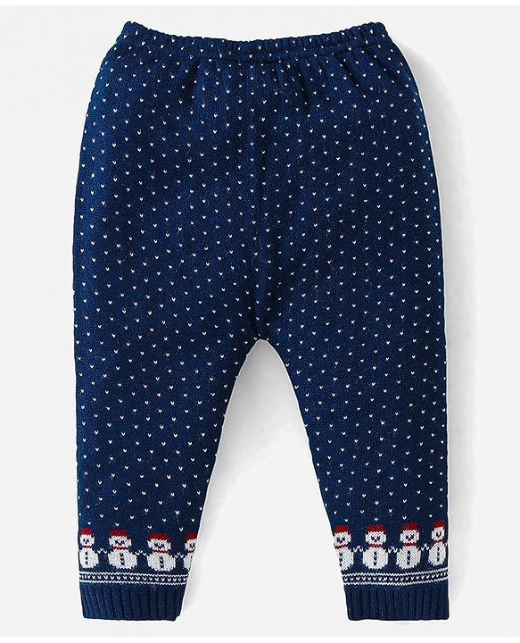 Babyhug Knitted Full Sleeves Sweater Set with Snowman Design - Navy Blue