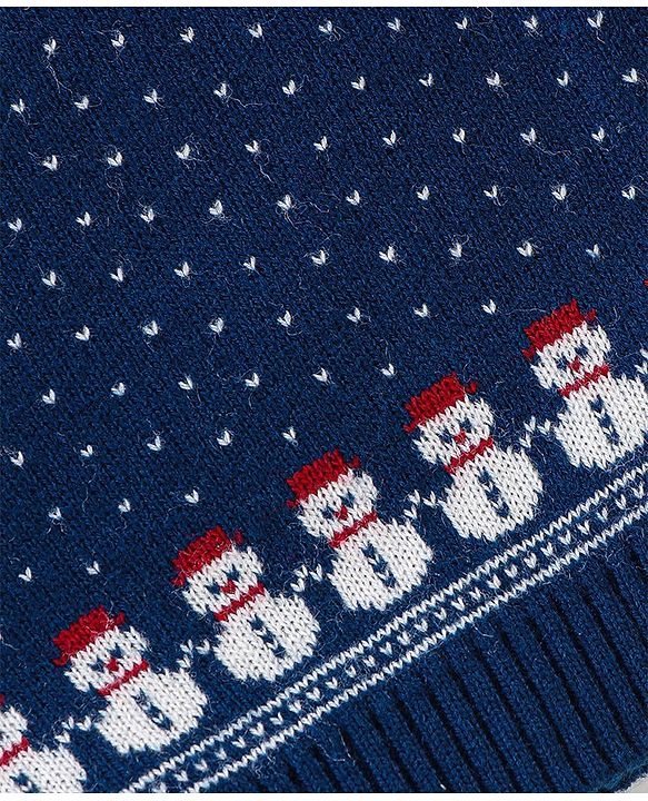 Babyhug Knitted Full Sleeves Sweater Set with Snowman Design - Navy Blue