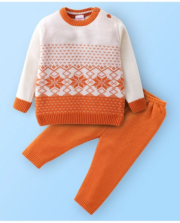 Babyhug Knitted Full Sleeves Sweater Set Floral Design - White & Orange