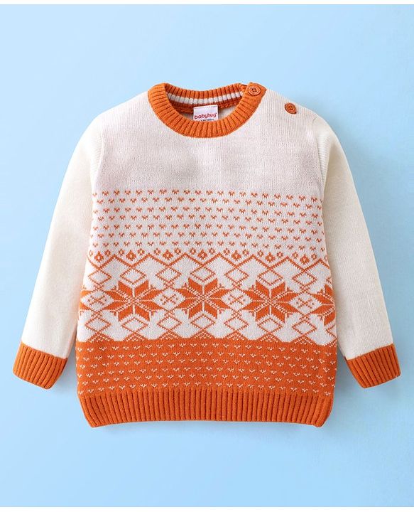 Babyhug Knitted Full Sleeves Sweater Set Floral Design - White & Orange