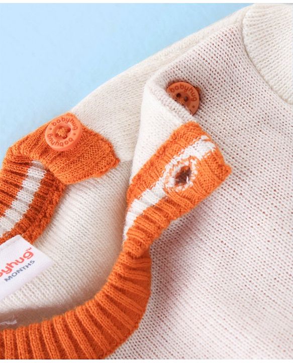 Babyhug Knitted Full Sleeves Sweater Set Floral Design - White & Orange