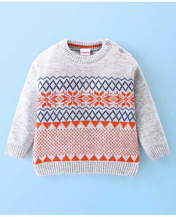 Babyhug Knitted Full Sleeves Sweater Set Floral Design - White & Orange