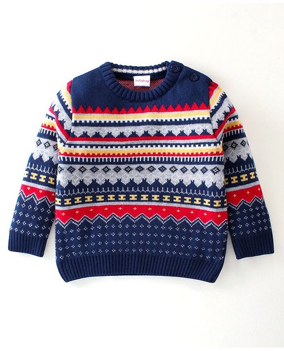 Babyhug Knitted Full Sleeves Sweater Set Ikat Design - Navy Blue