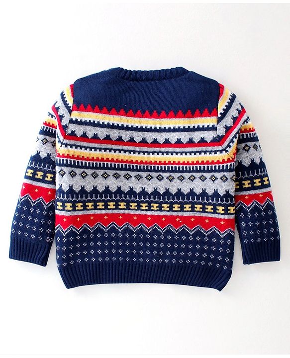 Babyhug Knitted Full Sleeves Sweater Set Ikat Design - Navy Blue