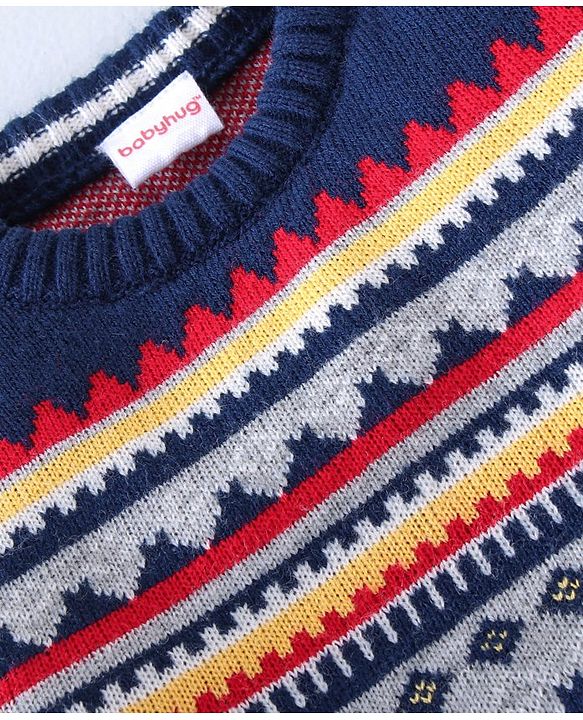 Babyhug Knitted Full Sleeves Sweater Set Ikat Design - Navy Blue