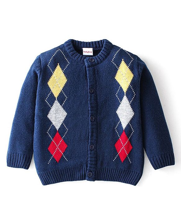 Babyhug Knitted Full Sleeves Sweater Shapes Print - Navy Blue