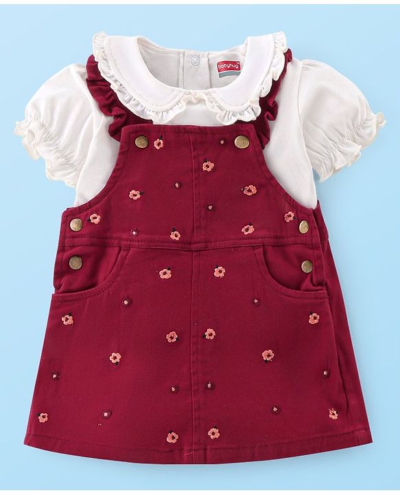 Babyhug Woven Knit Half Sleeves Inner Tee & Frock with Floral Embroidery - Maroon
