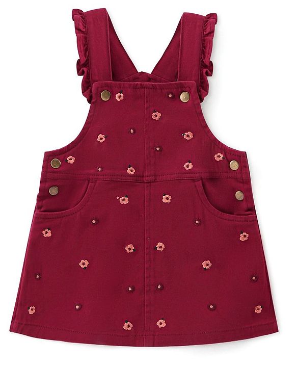 Babyhug Woven Knit Half Sleeves Inner Tee & Frock with Floral Embroidery - Maroon