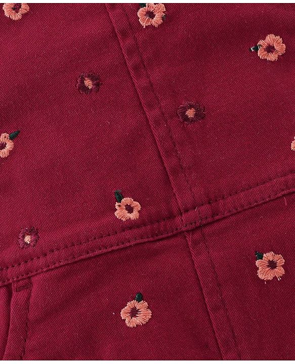 Babyhug Woven Knit Half Sleeves Inner Tee & Frock with Floral Embroidery - Maroon