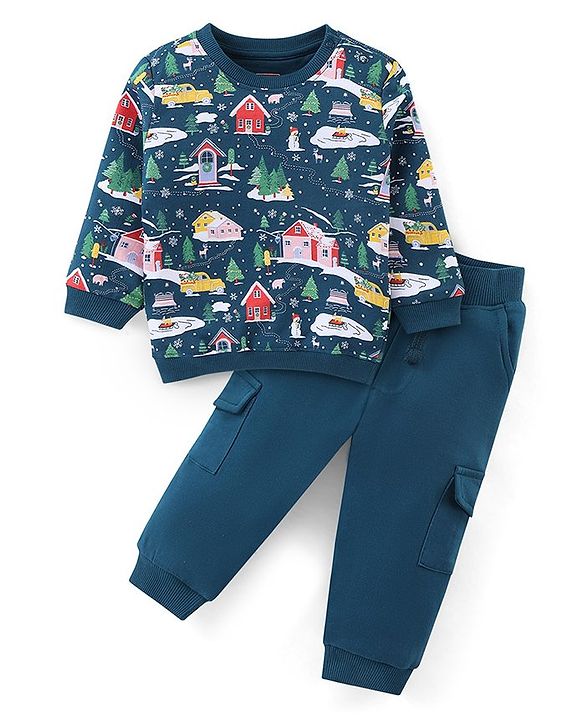 Babyhug 100% Cotton Knit Full Sleeves T-Shirt & Jogger Set With Christmas Theme - Blue