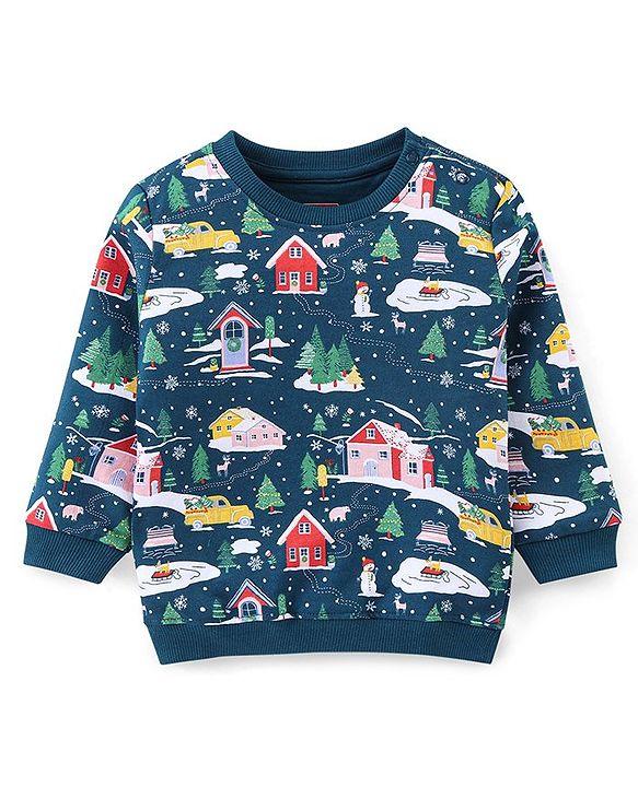 Babyhug 100% Cotton Knit Full Sleeves T-Shirt & Jogger Set With Christmas Theme - Blue