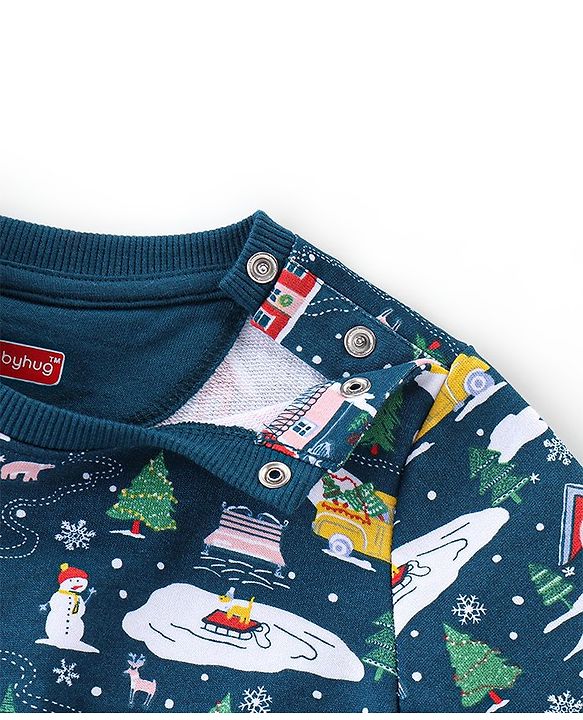 Babyhug 100% Cotton Knit Full Sleeves T-Shirt & Jogger Set With Christmas Theme - Blue