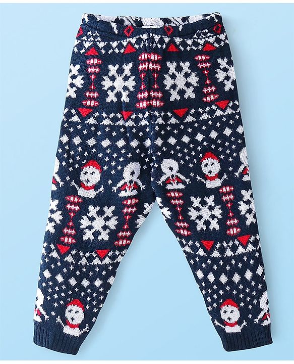 Babyhug Full length Fleece and Woollen Pants with Snowflakes Printed - Navy Blue