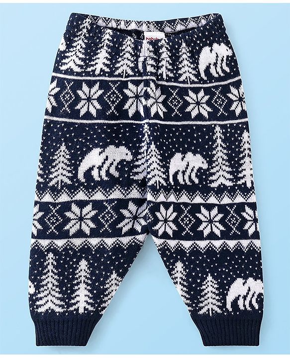 Babyhug Full Length  Fleece and Woollen Pant Tree Printed - Navy Blue