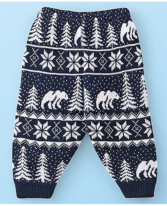 Babyhug Full Length  Fleece and Woollen Pant Tree Printed - Navy Blue