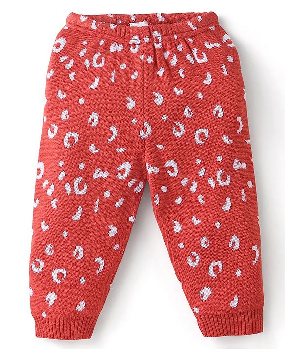 Babyhug Knit Full Length Fleece and Woollen Pant Abstract Design - Red