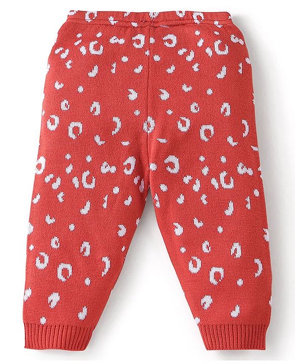 Babyhug Knit Full Length Fleece and Woollen Pant Abstract Design - Red