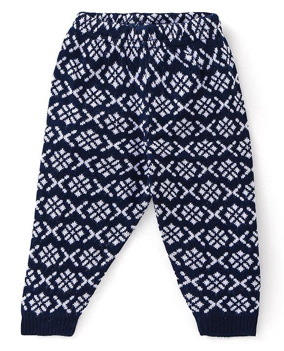 Babyhug Knit Full Length Fleece and Woollen Pant Chevron Print - Navy Blue