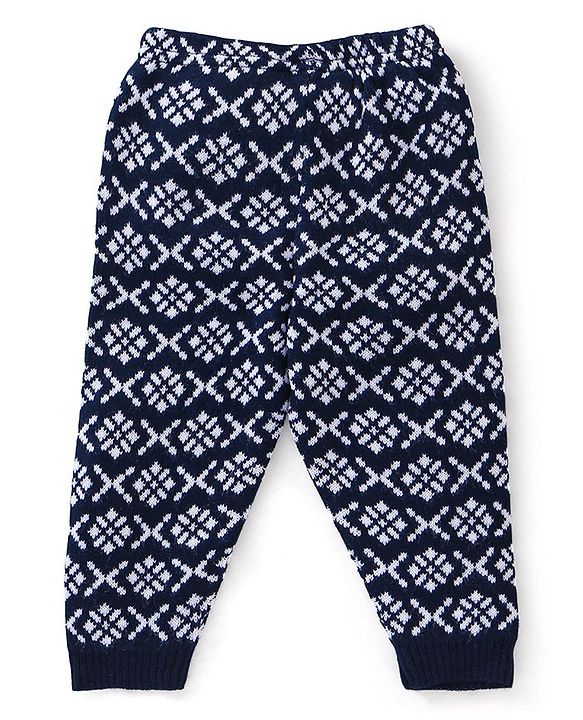 Babyhug Knit Full Length Fleece and Woollen Pant Chevron Print - Navy Blue