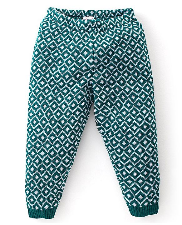 Babyhug Knit Full Length Fleece Woollen Pant with Argyle Design - Green