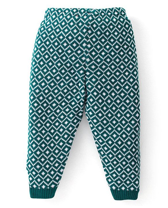 Babyhug Knit Full Length Fleece Woollen Pant with Argyle Design - Green