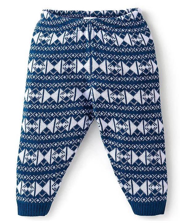 Babyhug Knit Full Length Fleece and Woollen Pant Triangle Design - Navy Blue