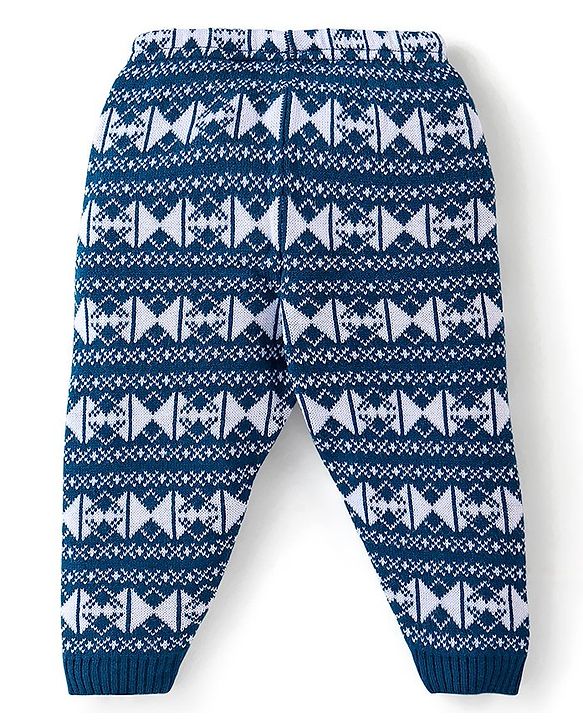 Babyhug Knit Full Length Fleece and Woollen Pant Triangle Design - Navy Blue