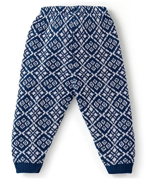 Babyhug Knit Full Length Fleece and Woollen Pant Square Design - Navy Blue