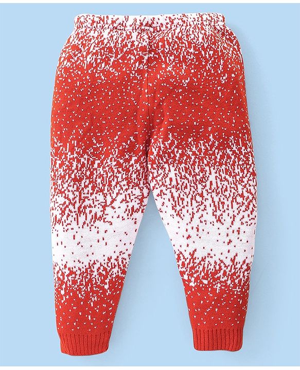 Babyhug Knit Full Length Fleece Woollen Pant with Abstract Design - Red & White
