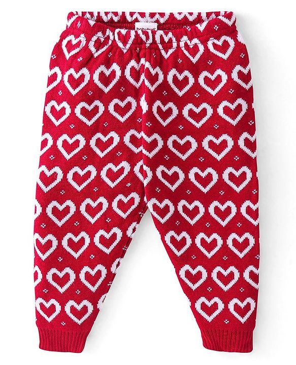 Babyhug Knit Full Length Fleece and Woollen Pant Heart Design - Red