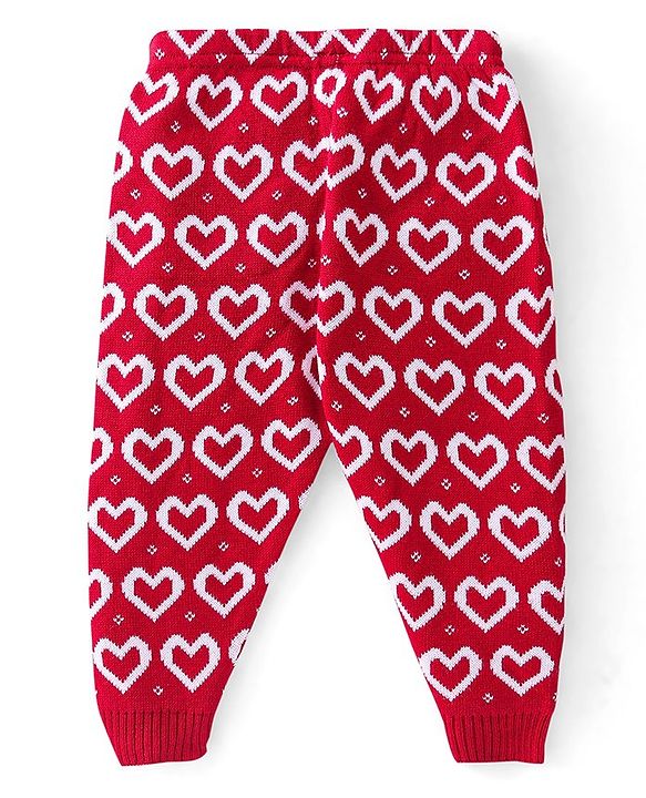 Babyhug Knit Full Length Fleece and Woollen Pant Heart Design - Red