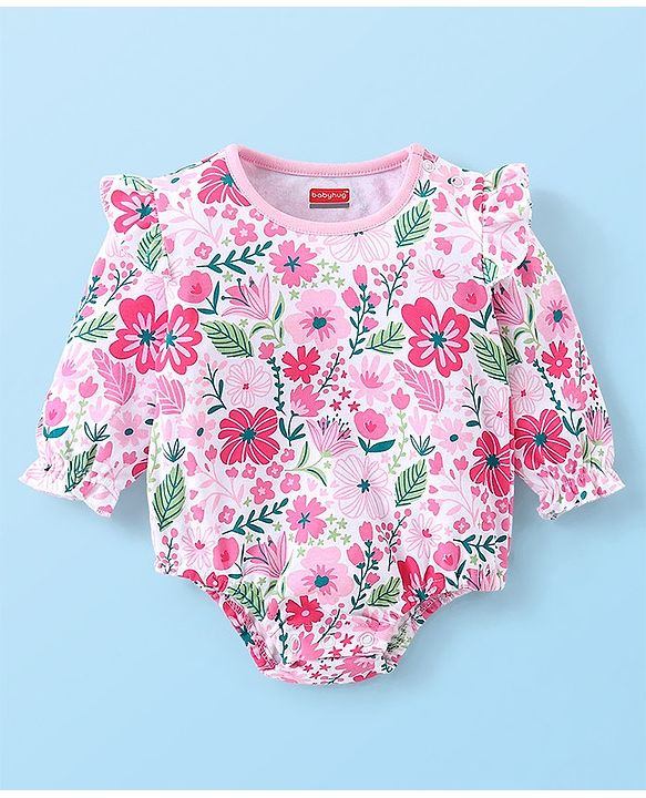 Babyhug 100% Cotton Full Sleeves  Onesie Butterfly Print - Pink