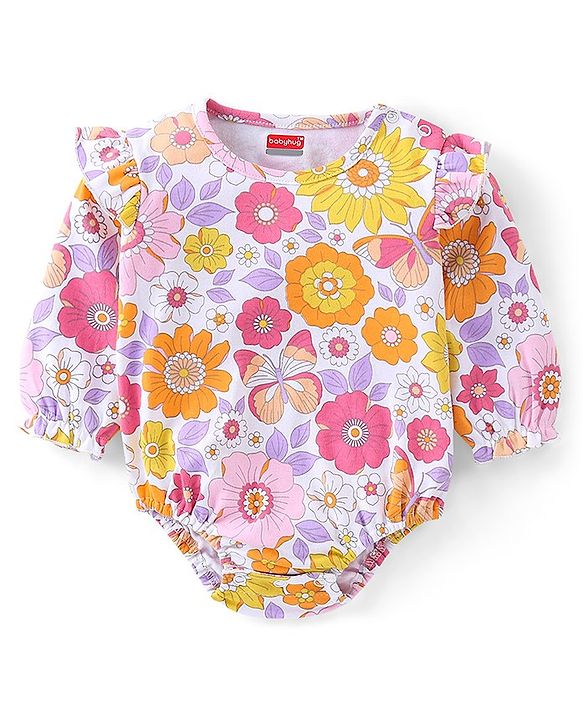 Babyhug 100% Cotton Knit Full Sleeves Onesie with Floral Print - Multicolour
