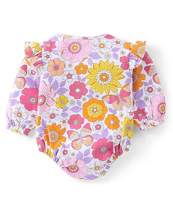 Babyhug 100% Cotton Knit Full Sleeves Onesie with Floral Print - Multicolour