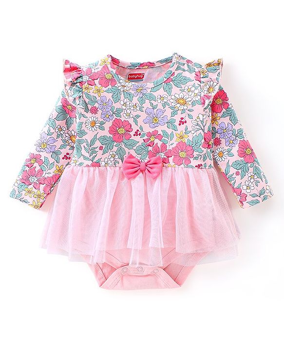 Babyhug 100% Cotton Full Sleeves Frock Style Onesie With Headband Floral Print - Pink