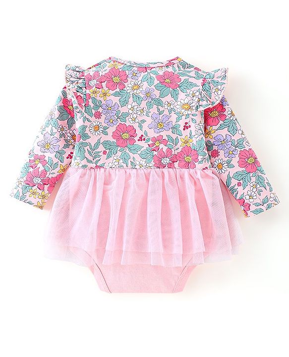 Babyhug 100% Cotton Full Sleeves Frock Style Onesie With Headband Floral Print - Pink