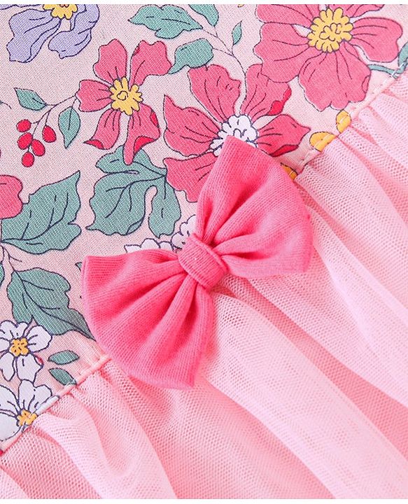 Babyhug 100% Cotton Full Sleeves Frock Style Onesie With Headband Floral Print - Pink