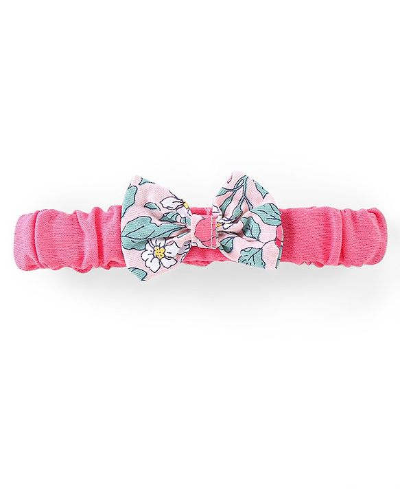 Babyhug 100% Cotton Full Sleeves Frock Style Onesie With Headband Floral Print - Pink